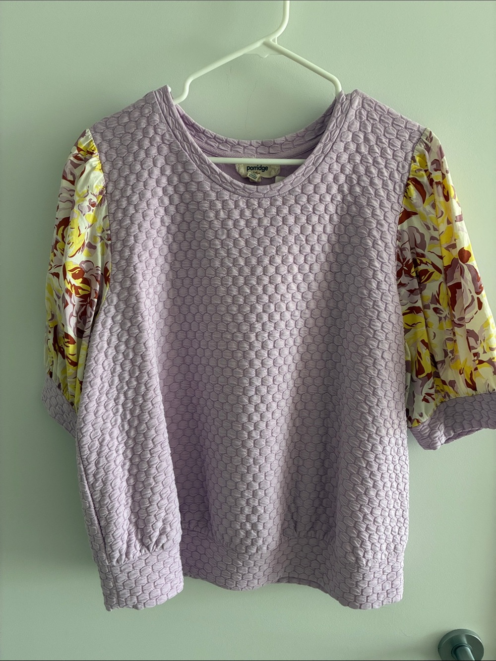 Anthropologie Porridge Lilac Textured Puff-Sleeve Top with Floral Sleeves